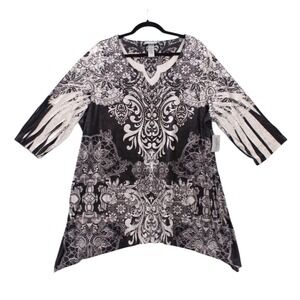 Catherines Tunic‎ Top Womens 1X Gray Black Paisley Velvet Embellished V Neck
